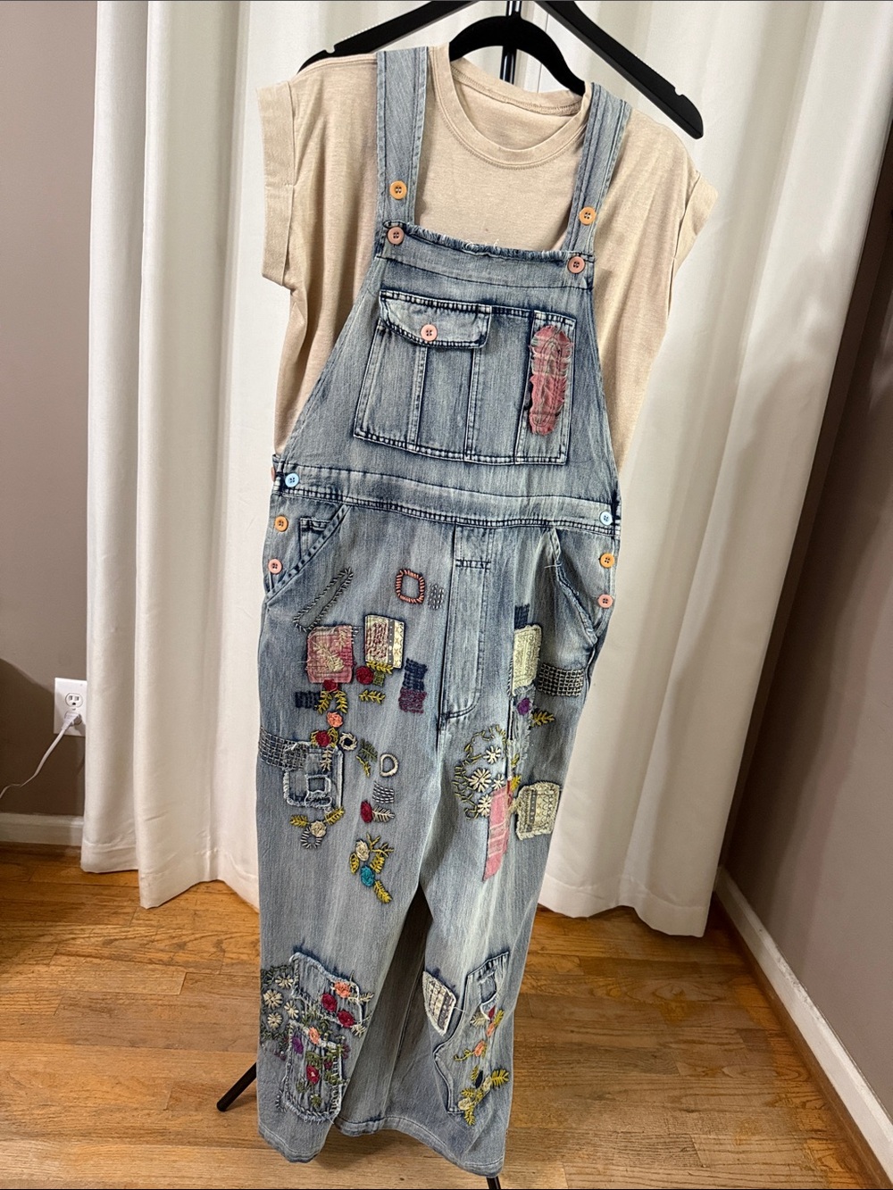Denim Embroidered Patchwork Overalls in Light Blue